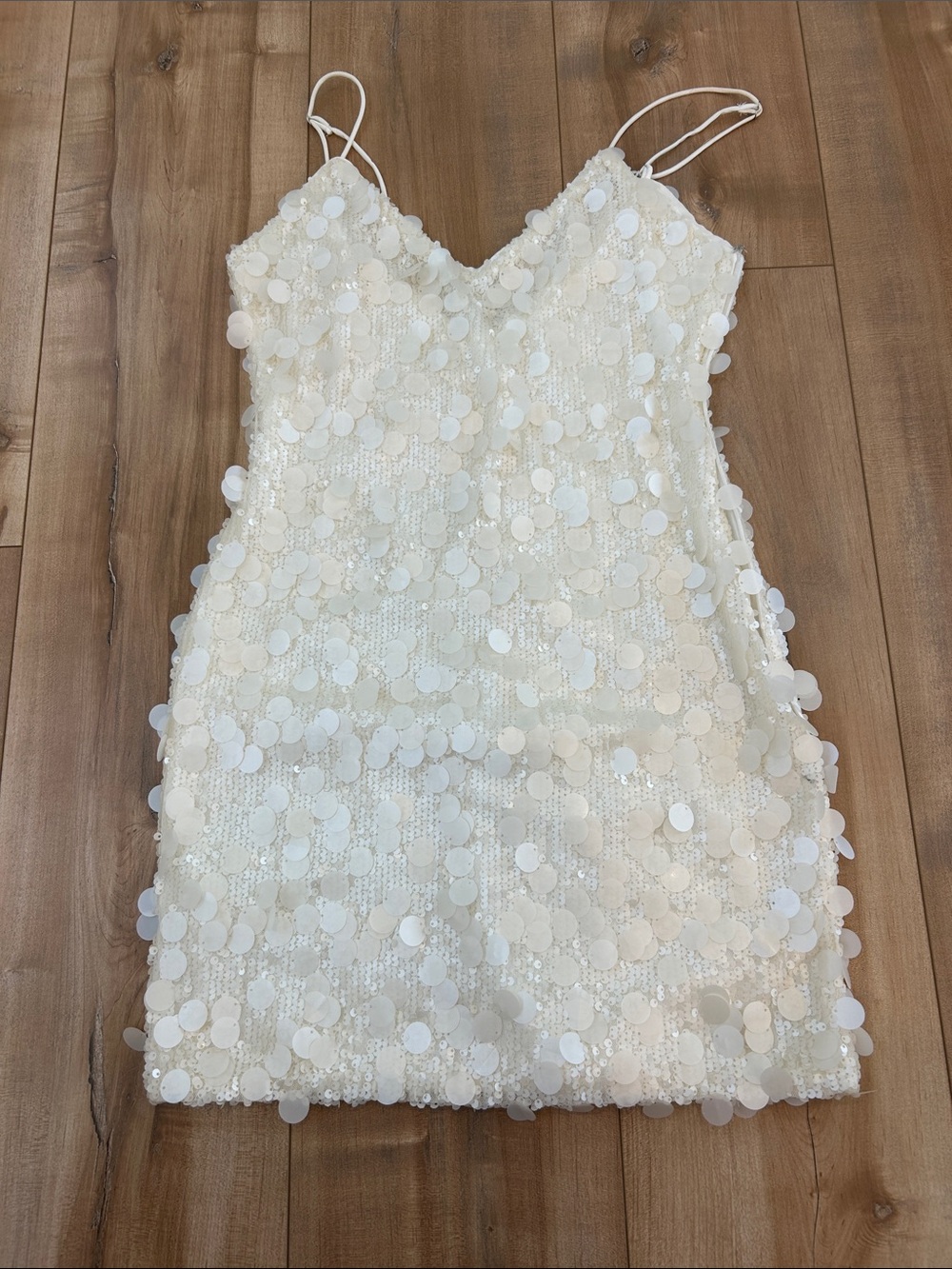 Meshki Ivory Sequin Mini Dress with Spaghetti Straps